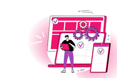 A developer managing responsive web design layouts displayed on laptop, tablet, and mobile screens