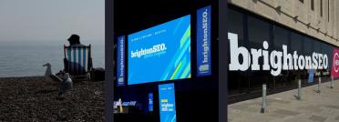 Collage of brightonSEO 2026 featuring seagulls on the beach, the main event stage, and the branded venue exterior.