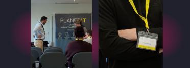 Collage of a Planet IT event featuring a managed IT support banner and a close-up of an attendee's name badge.