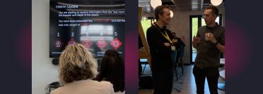 Collage of a cybersecurity training presentation screen and professionals talking during a corporate networking break.
