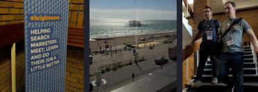 Collage of brightonSEO 2026 showing a venue banner, a scenic view of Brighton beach, and attendees on a staircase.