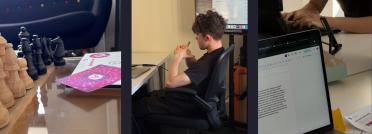 Collage of chess pieces, a student thinking at an office desk, and a document during office work experience.