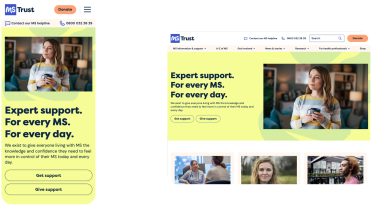 Mobile and desktop website design mockups for MS Trust featuring responsive layouts and headline text